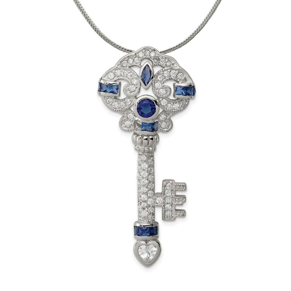 Silver and Cubic Zirconia Ornamental Key Slide Necklace - 18 In